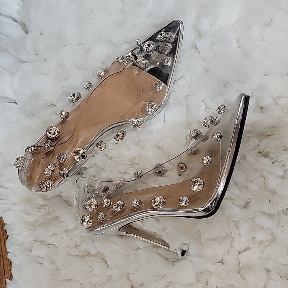 Silver faceted jewel clear stiletto 4.5" heel pump Pointed toe Sz 38 / 7.5 NEW…